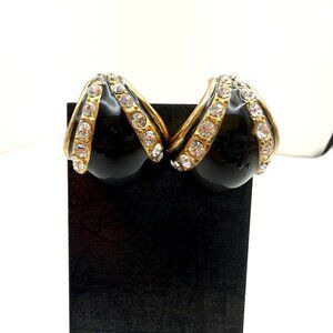 Vintage Black Enamel Rhinestone Clip On Earrings Gold Tone Chunky Statement Earr